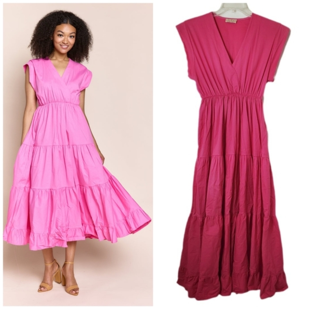 Sofia‎ Women's Pink Tahoe Dress - Cotton Surplice Tiered Maxi Midi Made In Italy